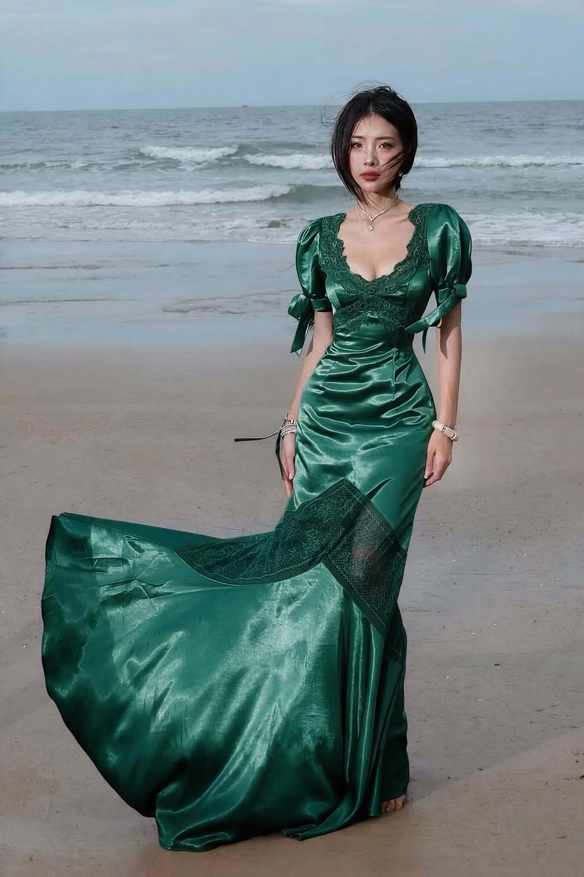 Vintage U Neck Prom Dress Green Lace Satin Mermaid Evening Dress GG8103