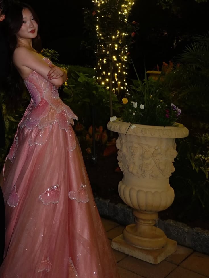 Sweet Strapless Pink Prom Dress Sequins Petals A-Line Evening Dress GG8108