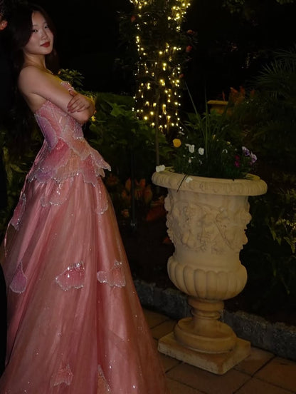 Sweet Strapless Pink Prom Dress Sequins Petals A-Line Evening Dress GG8108