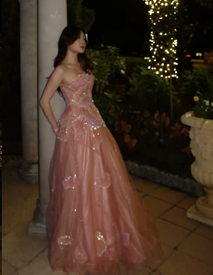 Sweet Strapless Pink Prom Dress Sequins Petals A-Line Evening Dress GG8108