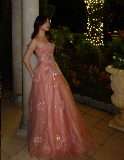 Sweet Strapless Pink Prom Dress Sequins Petals A-Line Evening Dress GG8108