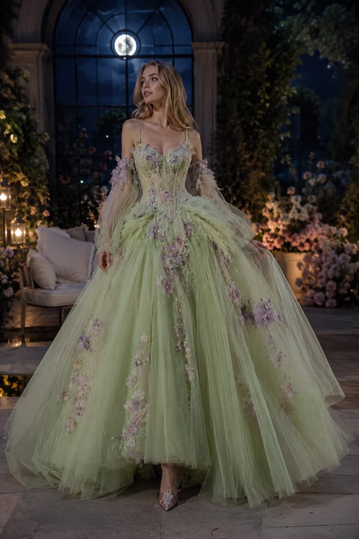 Ornate Spaghetti Straps Tulle Prom Dress With Sleeves Green Appliques A-Line Evening Dress GG8109