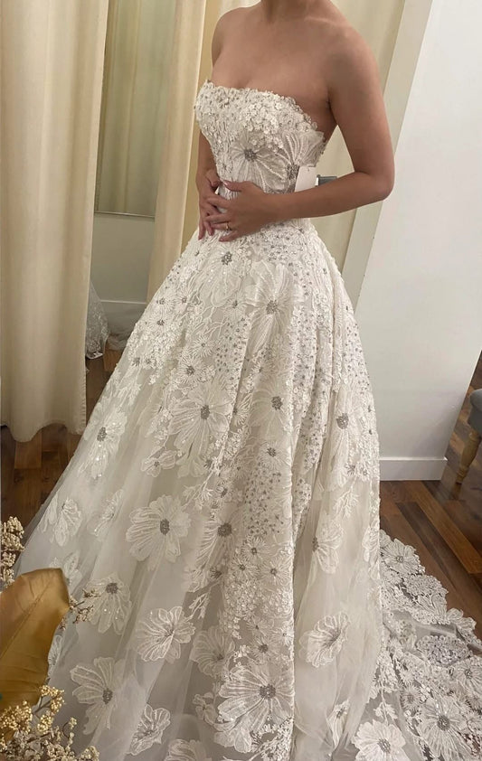 Elegant Strapless Floral Wedding Dress Sequins A-Line Bridal Dress GG8110