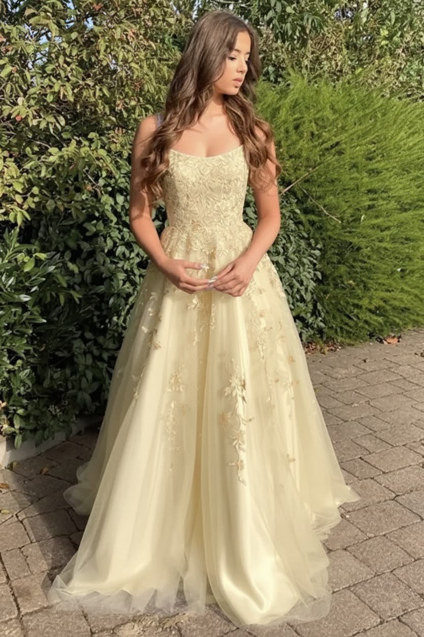Fascinating Spaghetti Straps Prom Dress Yellow Appliques A-Line Evening Dress GG8114