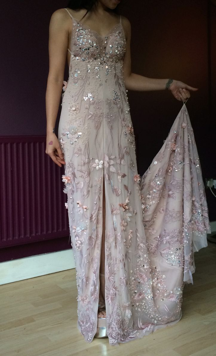 Chic Spaghetti Straps Slit Prom Dress Pink Sequins Appliques Sheath Evening Dress GG8115