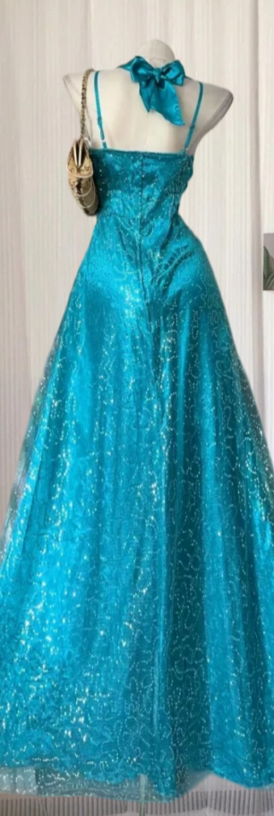 Alluring Spaghetti Straps Prom Dress Teal Sequins A-Line Evening Dress GG8100