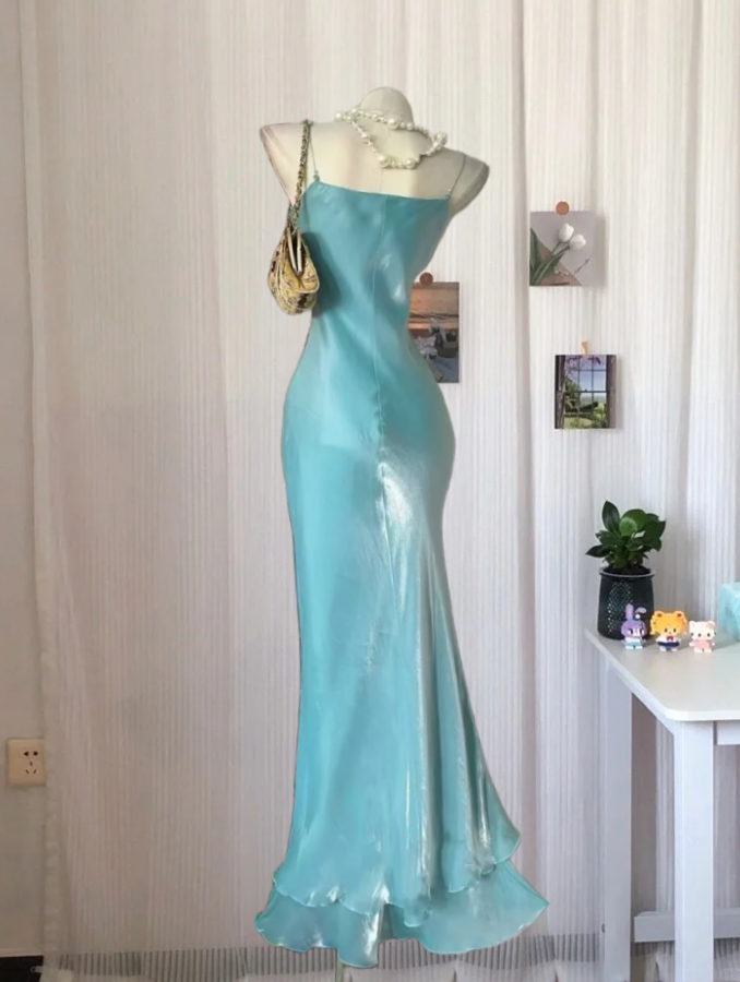 Alluring Spaghetti Straps Tiered Prom Dress Mint Green Appliques Mermaid Evening Dress GG8117