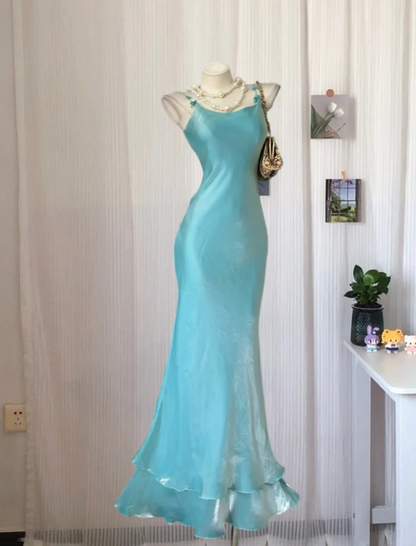 Alluring Spaghetti Straps Tiered Prom Dress Mint Green Appliques Mermaid Evening Dress GG8117