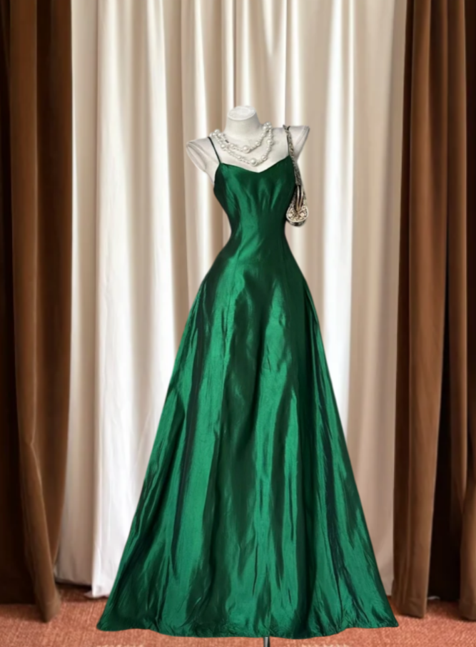 Classy Spaghetti Straps Prom Dress Green Satin A-Line Evening Dress GG8118
