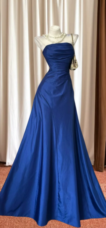 Simple Strapless Prom Dress Blue Satin A-Line Evening Dress GG8121
