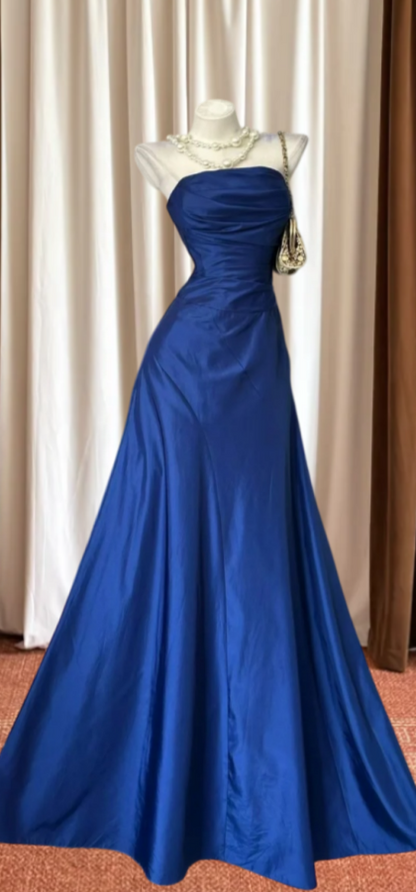 Simple Strapless Prom Dress Blue Satin A-Line Evening Dress GG8121