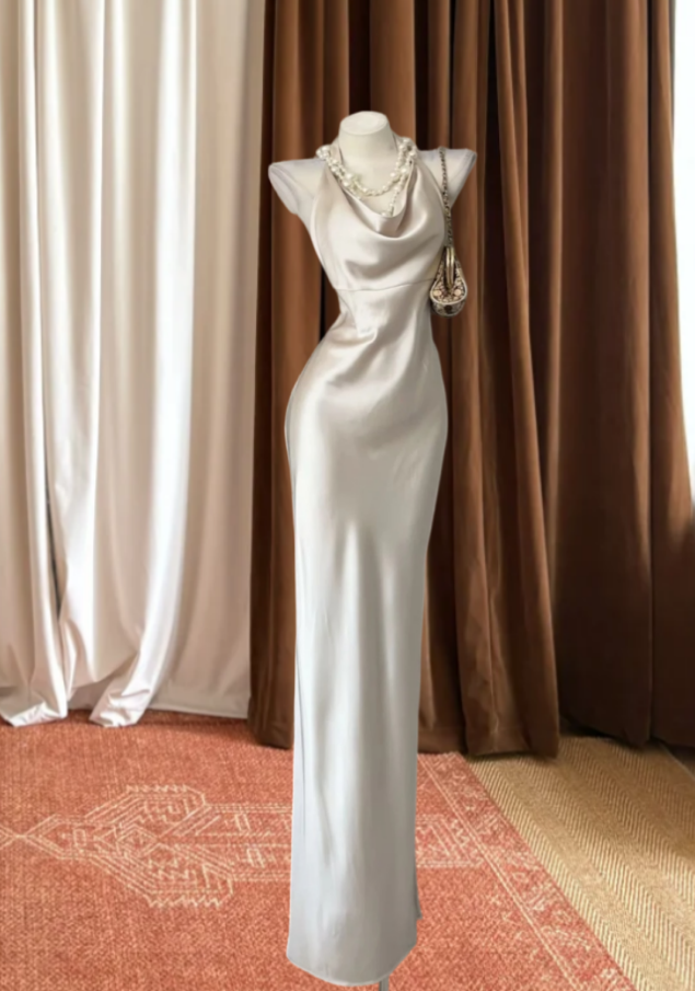 Enchanting Halter Neck Satin Prom Dress Ivory Long Sheath Evening Dress GG8123