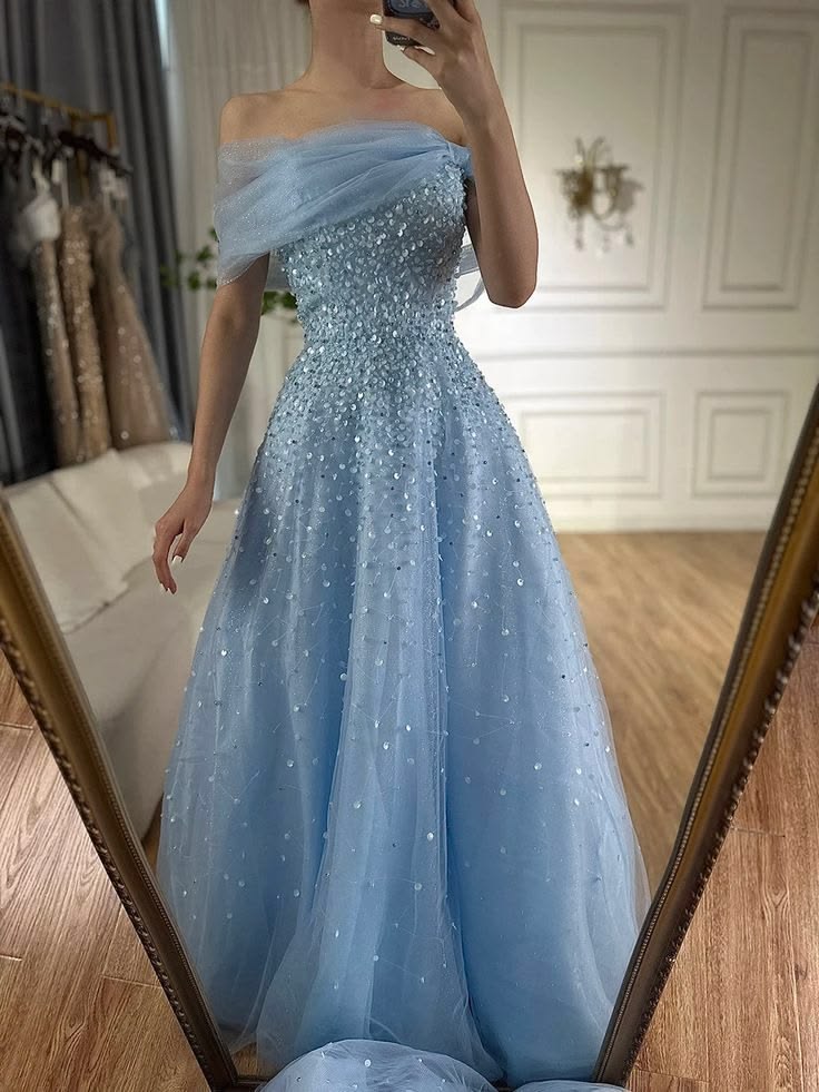 Lovely Off The Shoulder Prom Dress Blue Sequins Tulle A-Line Evening Dress GG8127