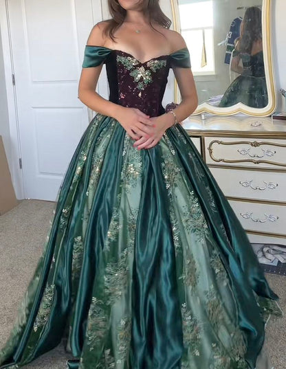 Retro Off The Shoulder Prom Dress Green Sequins A-Line Evening Dress GG8130