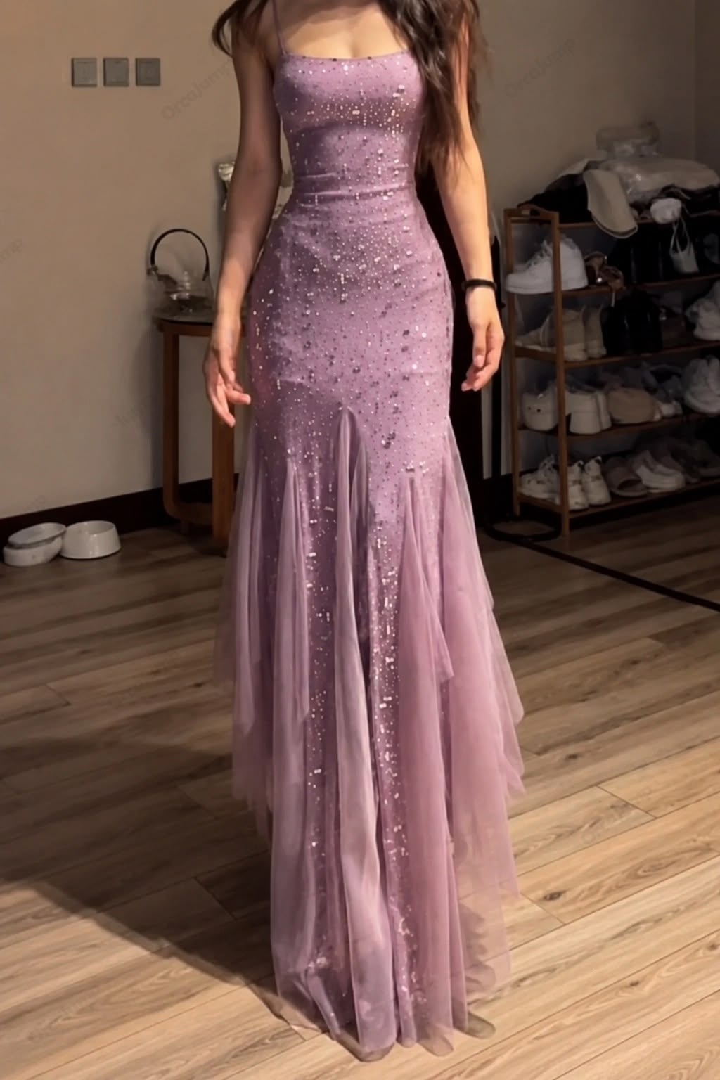 Alluring Spaghetti Straps Prom Dress Purple Beaded Sheath Evening Dress GG8131