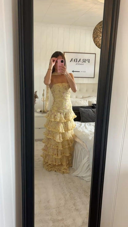 Cute Strapless Tiered Prom Dress Floral A-Line Evening Dress GG8132