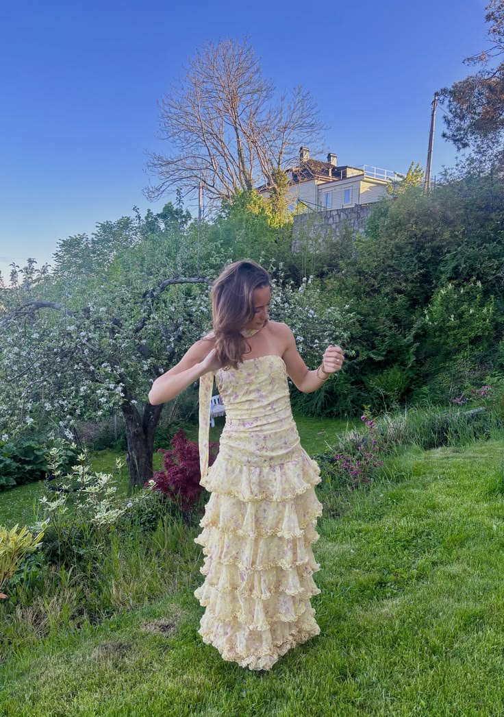 Cute Strapless Tiered Prom Dress Floral A-Line Evening Dress GG8132