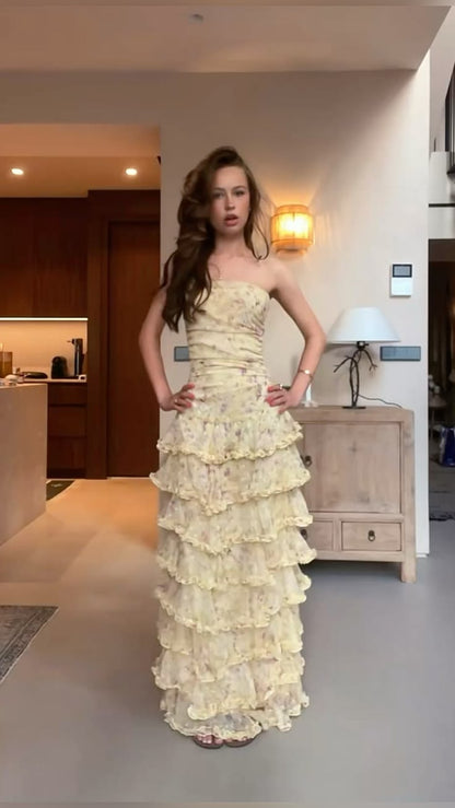 Cute Strapless Tiered Prom Dress Floral A-Line Evening Dress GG8132