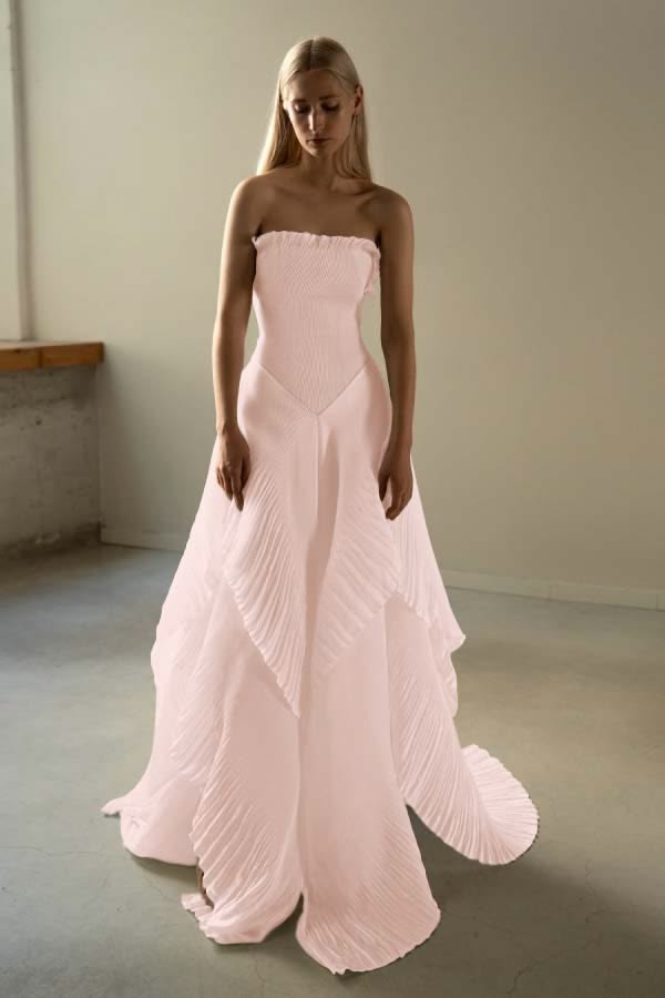 Chic Strapless Pink Prom Dress Ruffles A-Line Evening Dress GG8135