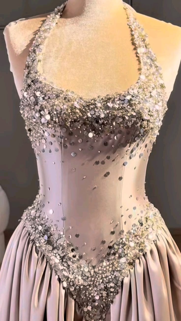 Modest Halter Neck Prom Dress Satin Sequins A-Line Evening Dress GG8136