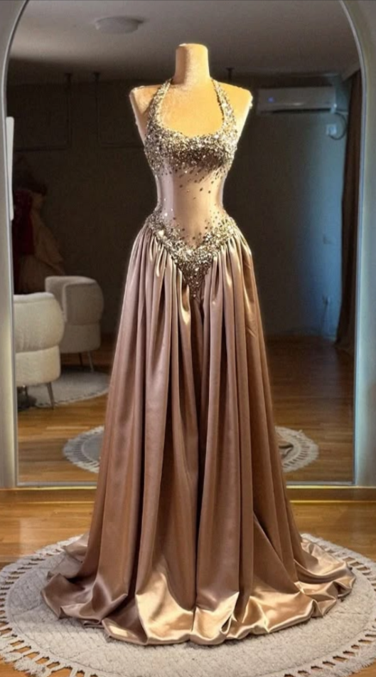 Modest Halter Neck Prom Dress Satin Sequins A-Line Evening Dress GG8136