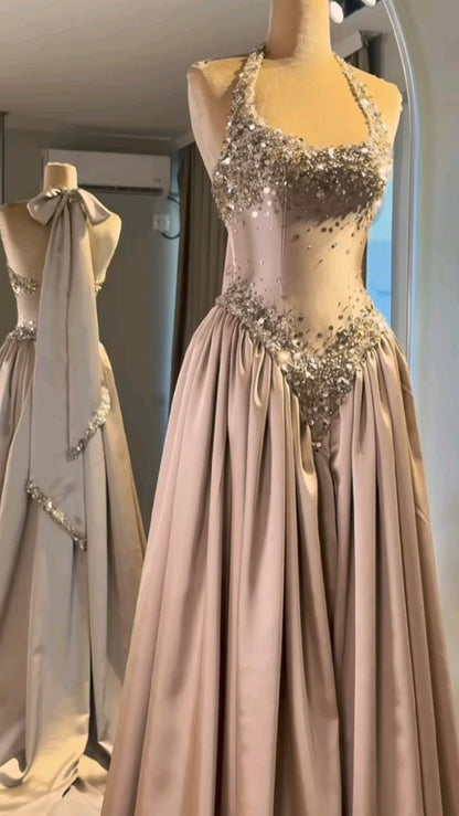 Modest Halter Neck Prom Dress Satin Sequins A-Line Evening Dress GG8136