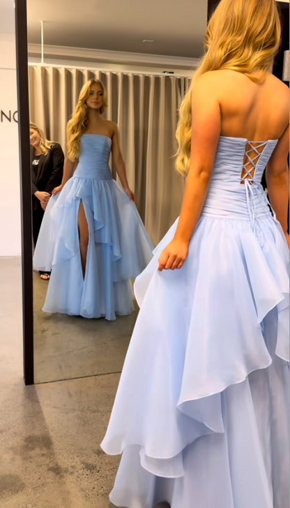 Flowy Strapless Blue Prom Dress Slit Ruffled A-Line Evening Dress GG8137