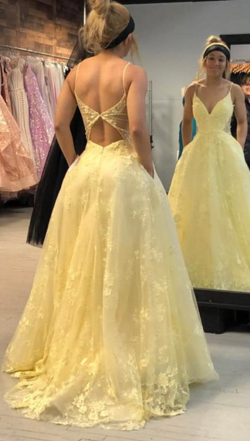 Cute Spaghetti Straps Prom Dress Yellow Lace A-Line Evening Dress GG8138