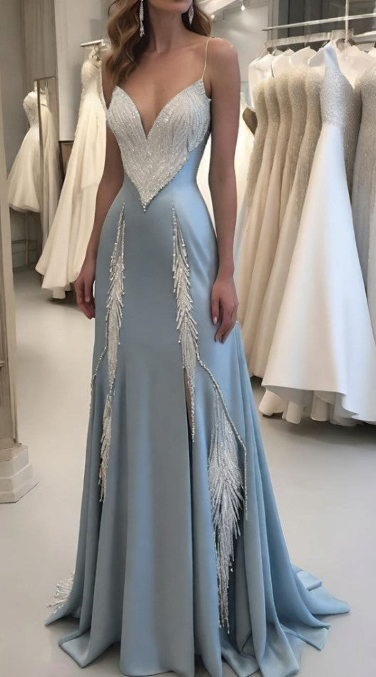 Fascinating Spaghetti Straps Prom Dress Blue Satin Beaded A-Line Evening Dress GG8139