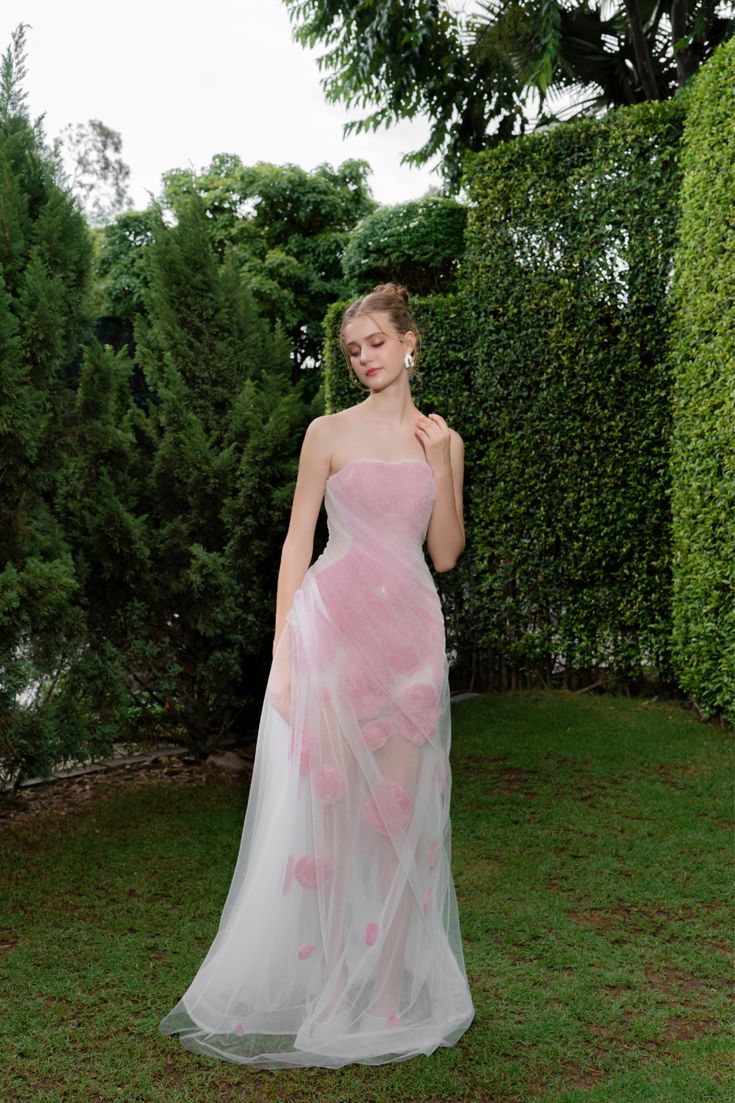 Sweet Strapless Pink Prom Dress Pink Appliques Tulle A-Line Evening Dress GG8140