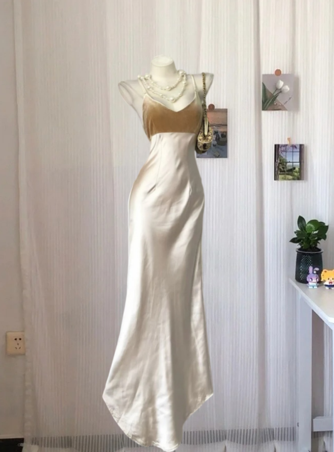 Simple Spaghetti Straps Prom Dress White Satin Mermaid Evening Dress GG8142