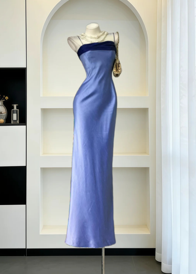 Unique Spaghetti Straps Prom Dress Blue Satin Mermaid Evening Dress GG8143