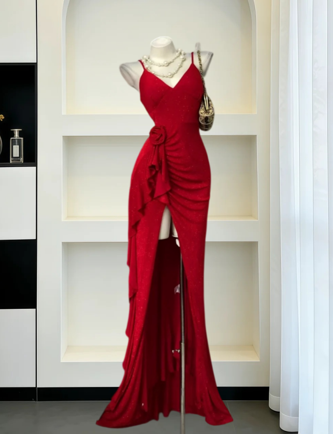 Alluring Spaghetti Straps Prom Dress Red Slit Mermaid Evening Dress GG8144