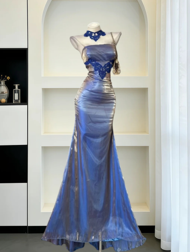 Lustrous Strapless Blue Prom Dress Appliques Mermaid Evening Dress GG8145