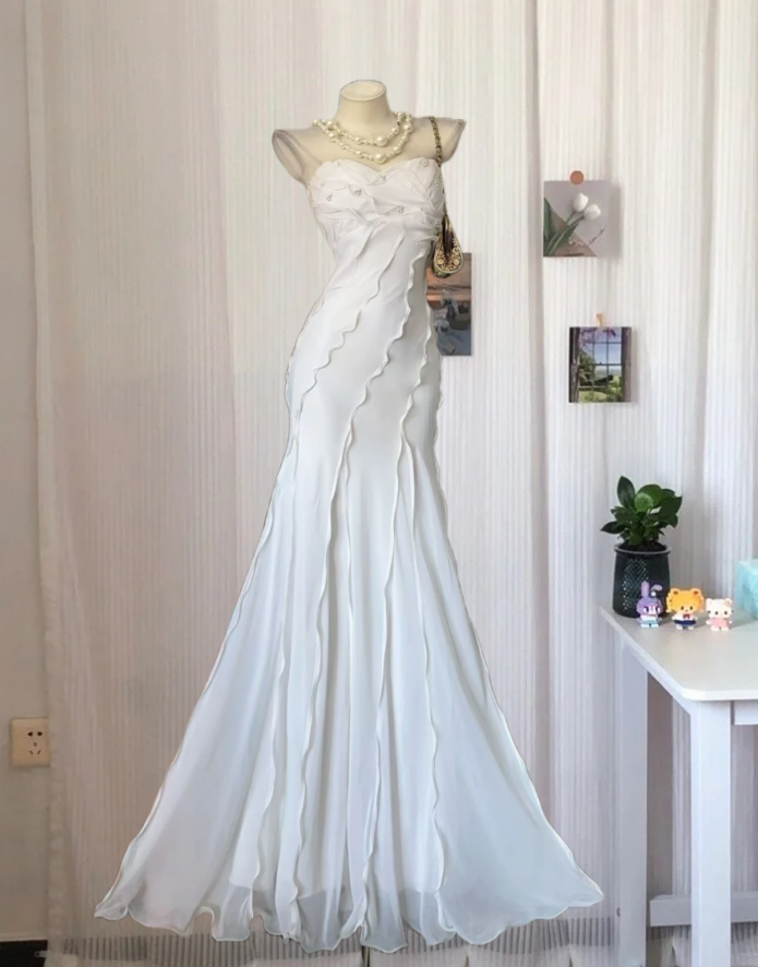 Graceful Strapless White Prom Dress Beads Ruffles Mermaid Evening Dress GG8146