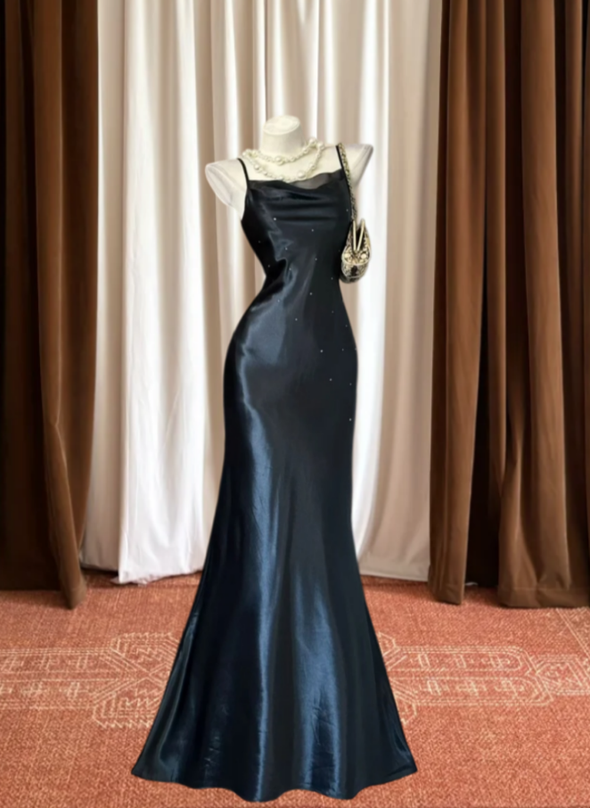 Retro Spaghetti Straps Prom Dress Black Sequins Mermaid Evening Dress GG8148