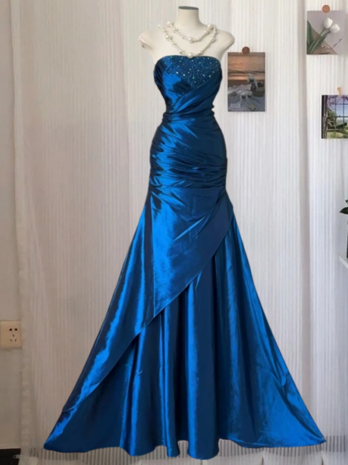 Chic Strapless Blue Prom Dress Satin Sequins Mermaid Evening Dress GG8149