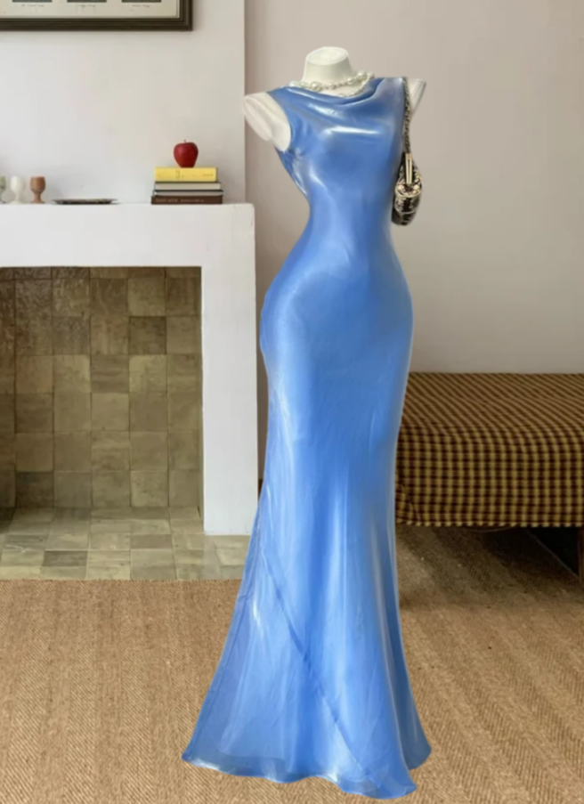 Trendy Jewel Neck Blue Prom Dress Satin Mermaid Evening Dress GG8150