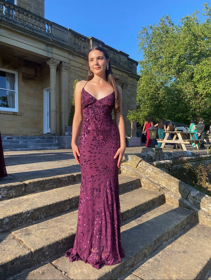 Enchanting Halter Neck Prom Dress Purple Beading Mermaid Evening Dress GG8155