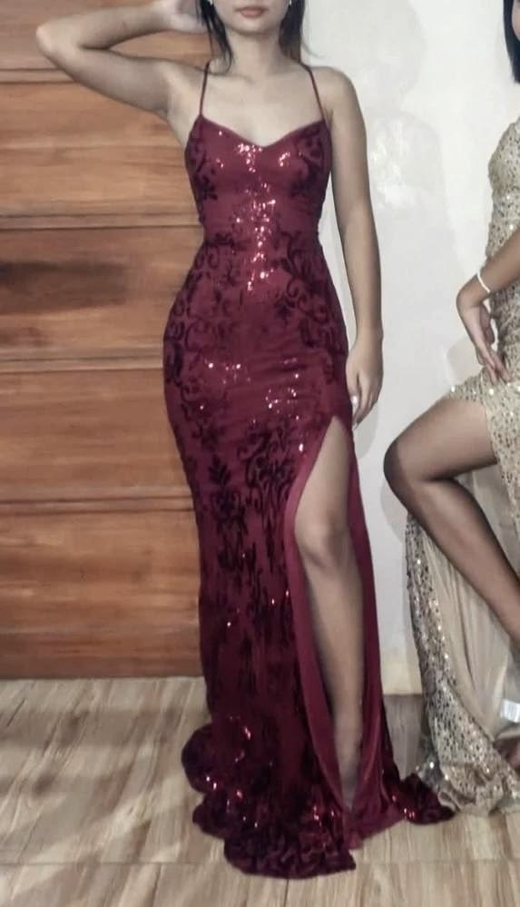 Alluring Spaghetti Straps Prom Dress Red Sequins Slit Mermaid Evening Dress GG8160
