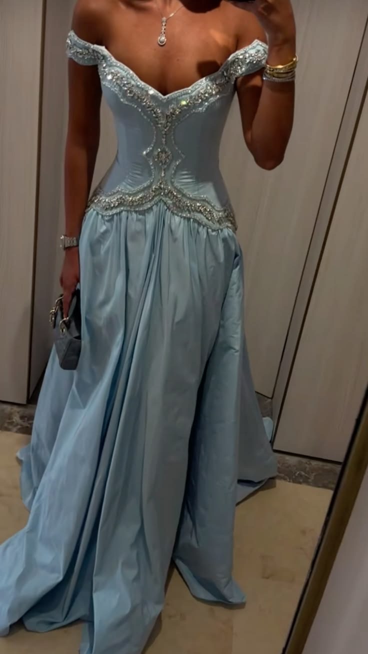 Cute Off The Shoulder Prom Dress Blue Beaded A-Line Evening Dress GG8162