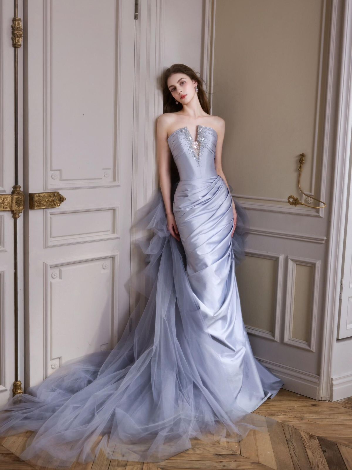 Glam Strapless Periwinkle Prom Dress With Tulle Train Beaded Satin Mermaid Evening Dress GG8164