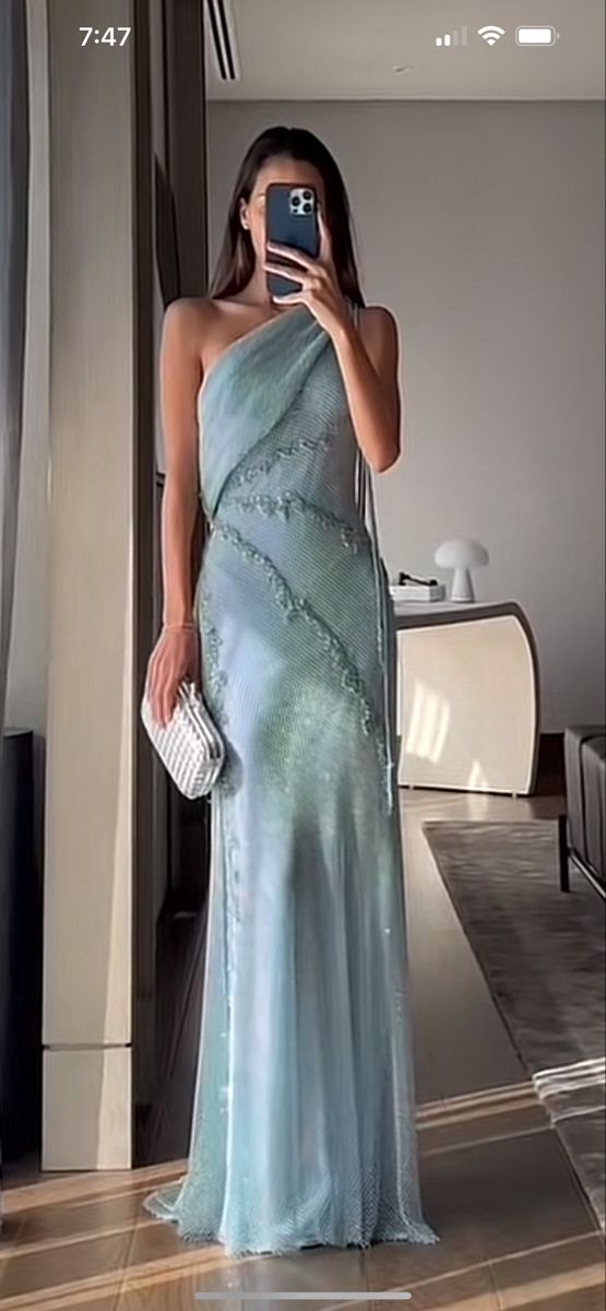 Gorgeous One Shoulder Prom Dress Mint Green Appliques Mermaid Evening Dress GG8166
