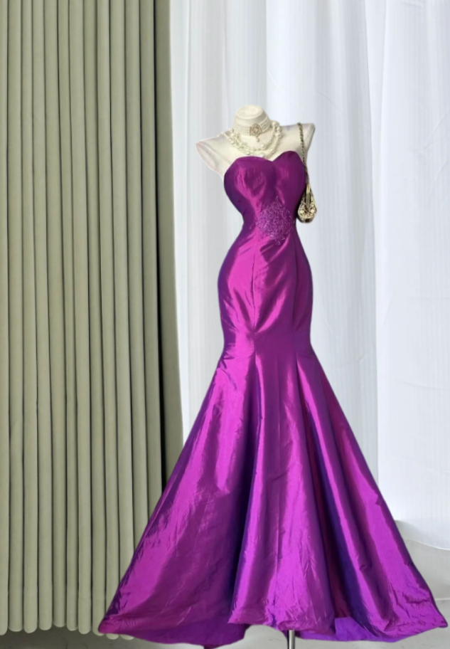 Vintage Strapless Satin Prom Dress Purple Appliques Mermaid Evening Dress GG8167