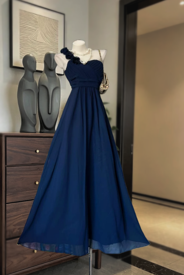 Classical One Shoulder Prom Dress Navy Blue Flowers A-Line Evening Dress GG8168