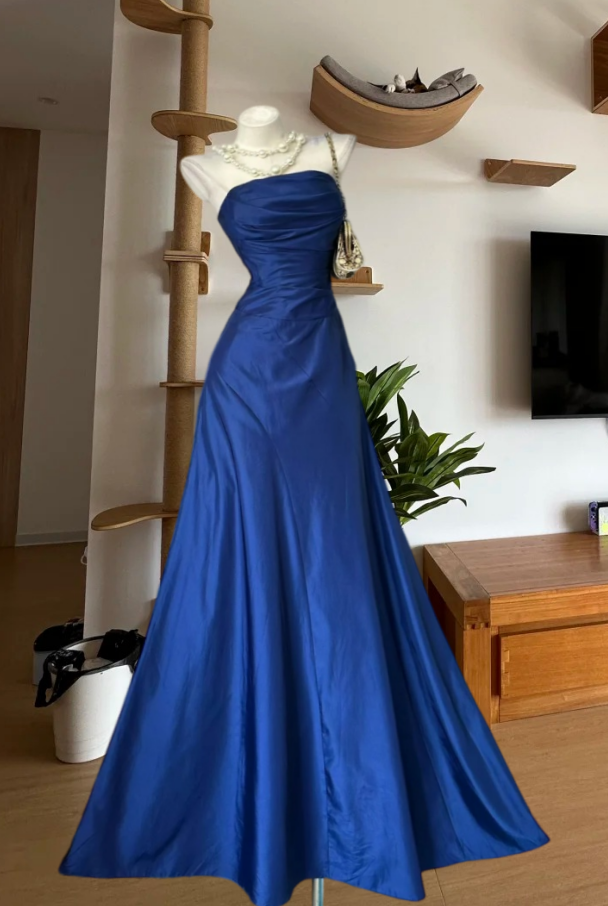 Simple Strapless Prom Dress Blue Satin A-Line Evening Dress GG8169