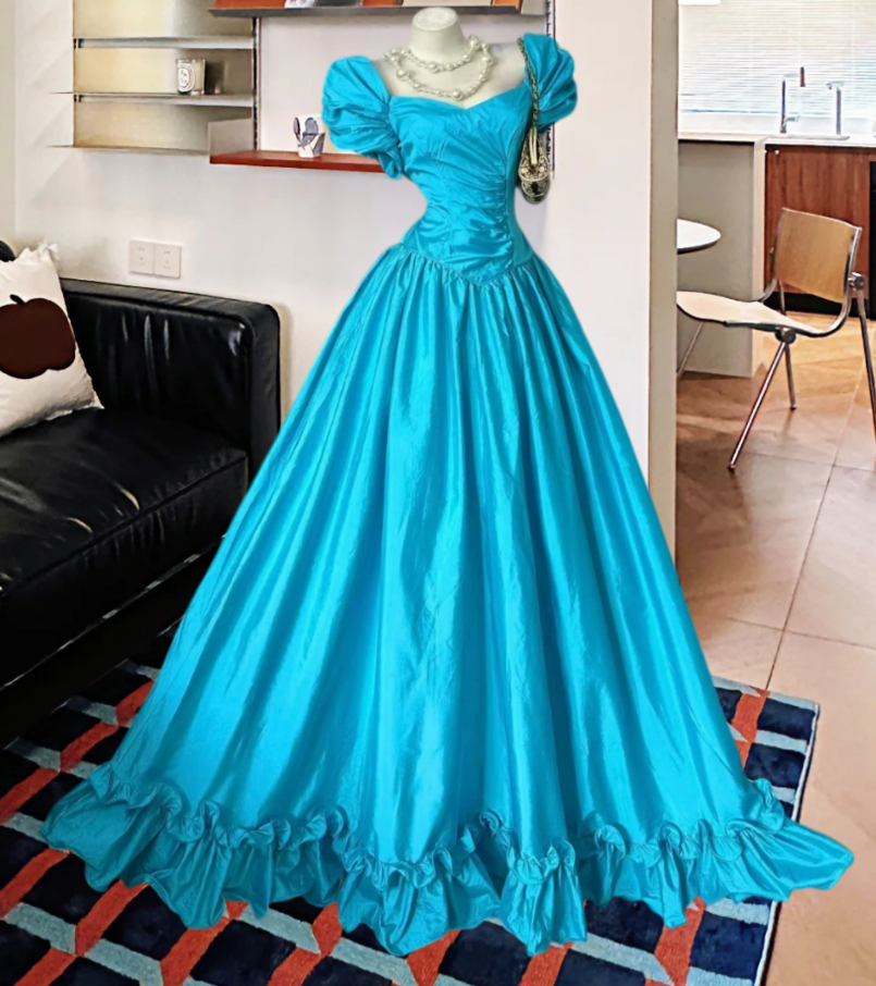 Vintage Square Neck Blue Prom Dress Ruffles Short Sleeve A-Line Evening Dress GG8170