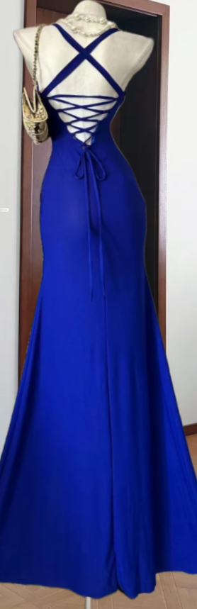 Unique Spaghetti Straps Blue Prom Dress Sequins Lace Slit Mermaid Evening Dress GG8173