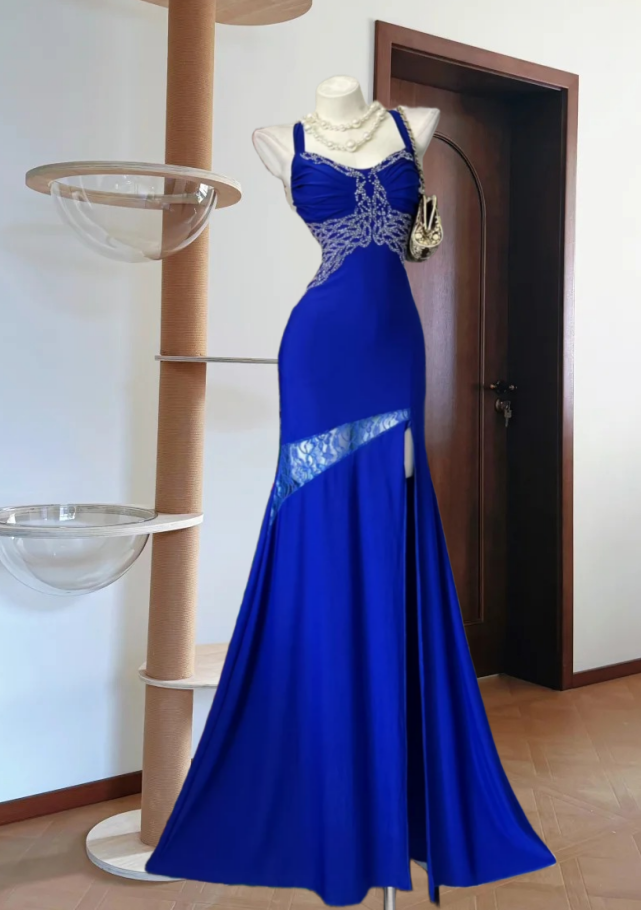Unique Spaghetti Straps Blue Prom Dress Sequins Lace Slit Mermaid Evening Dress GG8173