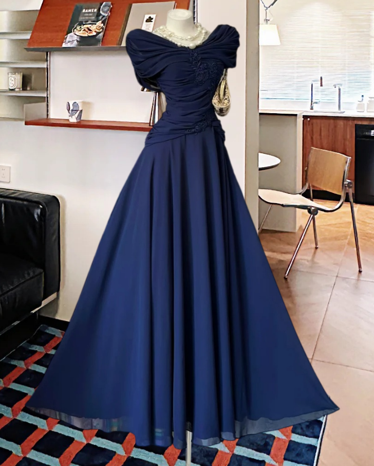 Elegant Off The Shoulder Prom Dress Navy Blue Appliques A-Line Evening Dress GG8174